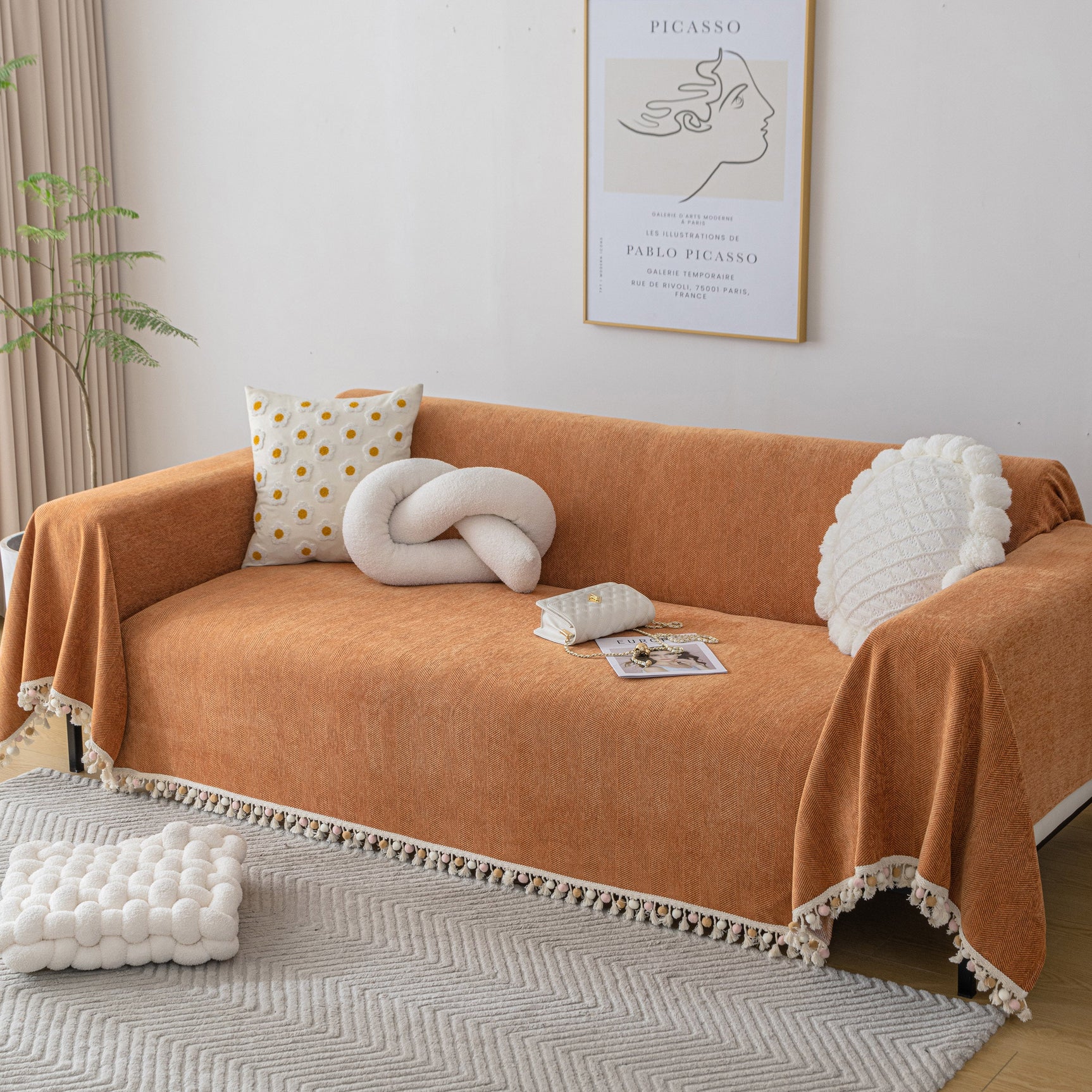Boho Herringbone Sofa Throw Blanket with Pom Pom Tassels Stylish Furniture Slipcover - Ornate Home