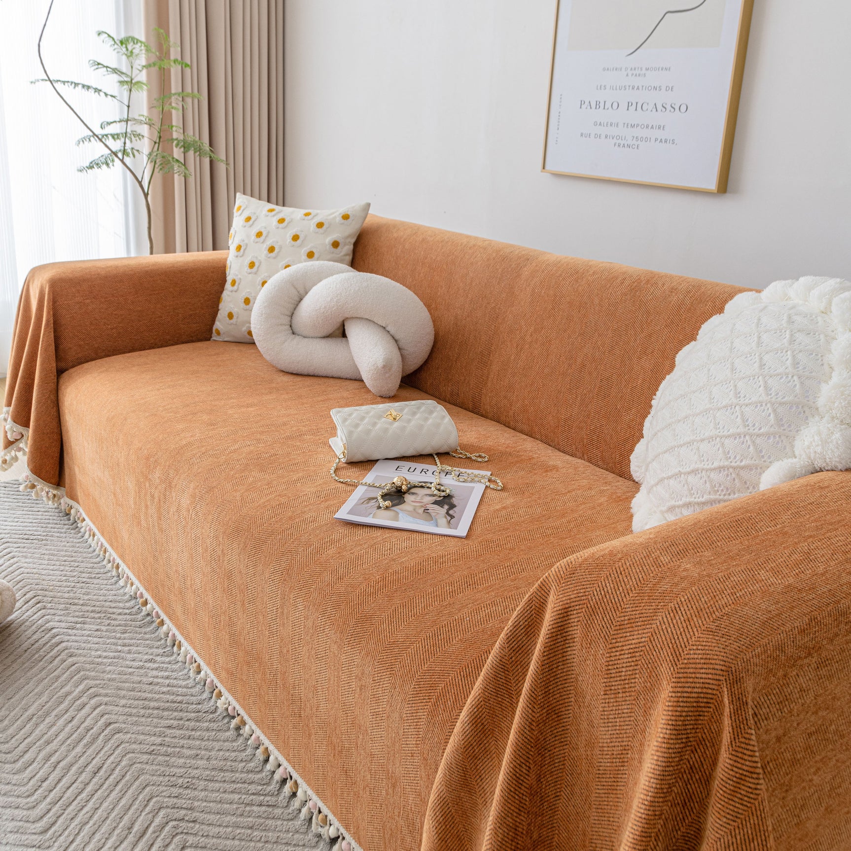Boho Herringbone Sofa Throw Blanket with Pom Pom Tassels Stylish Furniture Slipcover - Ornate Home