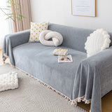 Boho Herringbone Sofa Throw Blanket with Pom Pom Tassels Stylish Furniture Slipcover - Ornate Home