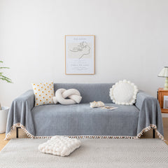 Boho Herringbone Sofa Throw Blanket with Pom Pom Tassels Stylish Furniture Slipcover - Ornate Home