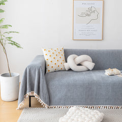Boho Herringbone Sofa Throw Blanket with Pom Pom Tassels Stylish Furniture Slipcover - Ornate Home