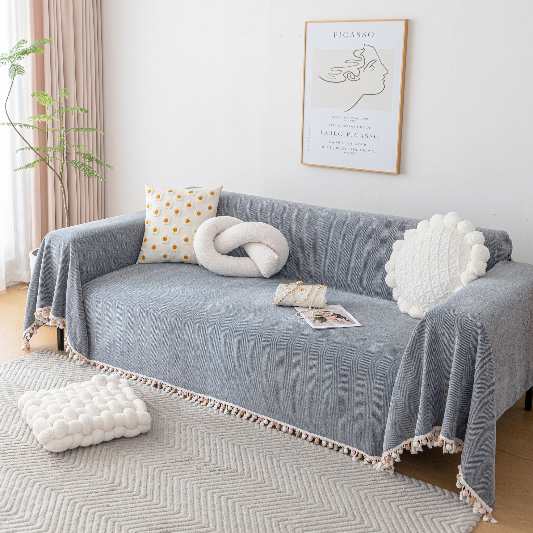 Boho Herringbone Sofa Throw Blanket with Pom Pom Tassels Stylish Furniture Slipcover - Ornate Home