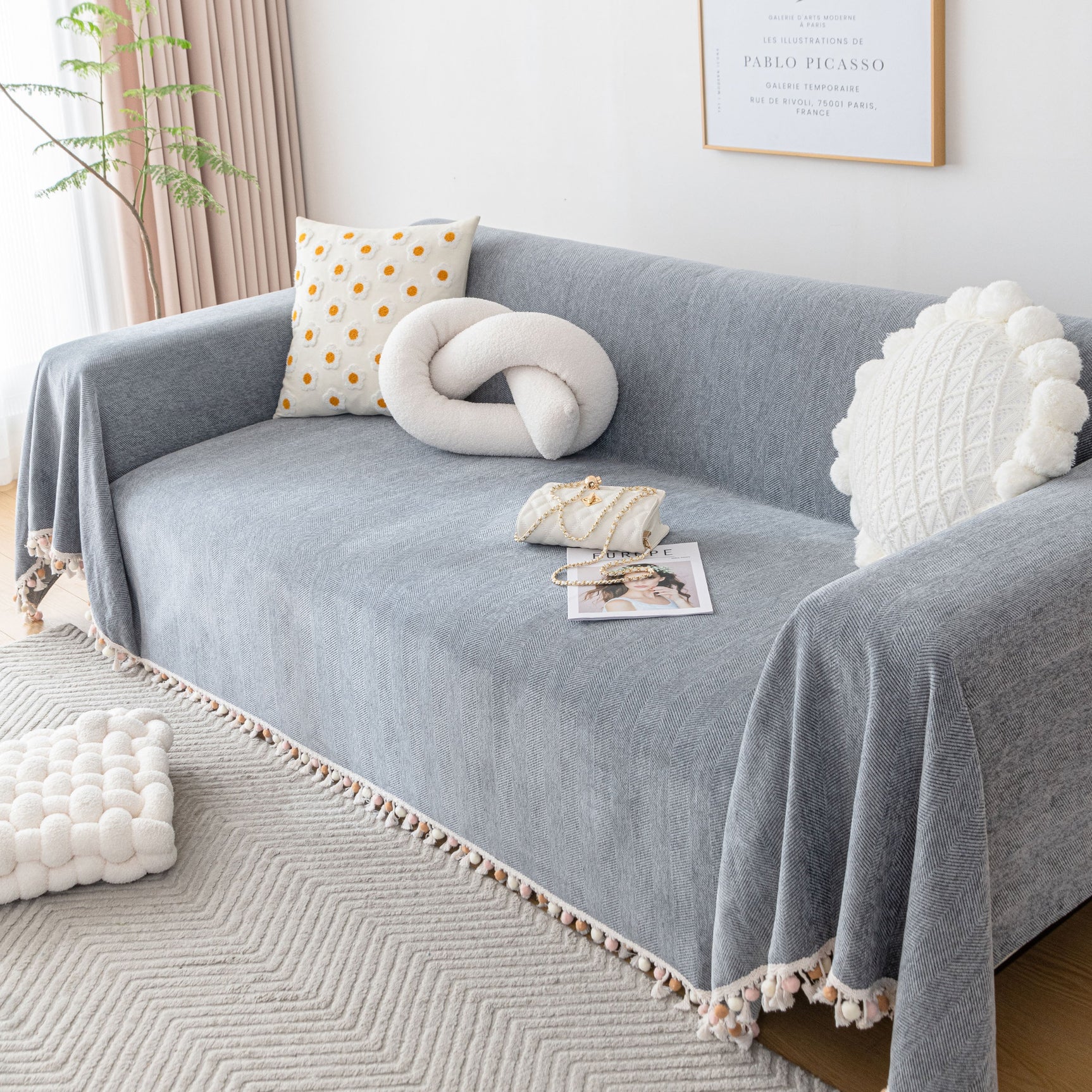Boho Herringbone Sofa Throw Blanket with Pom Pom Tassels Stylish Furniture Slipcover - Ornate Home