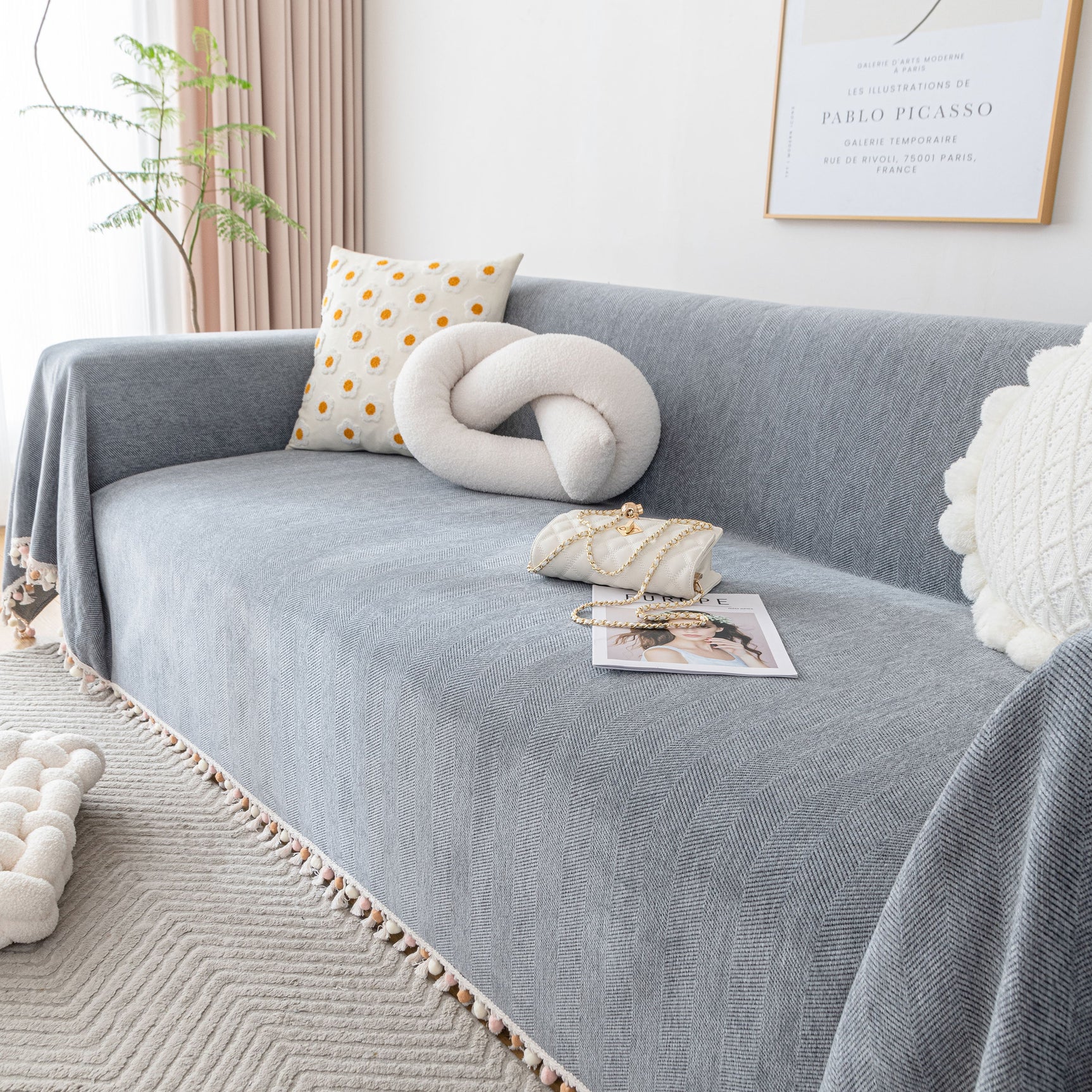 Boho Herringbone Sofa Throw Blanket with Pom Pom Tassels Stylish Furniture Slipcover - Ornate Home