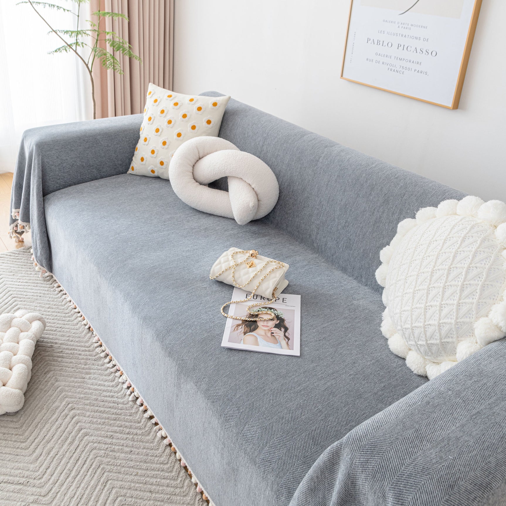 Boho Herringbone Sofa Throw Blanket with Pom Pom Tassels Stylish Furniture Slipcover - Ornate Home