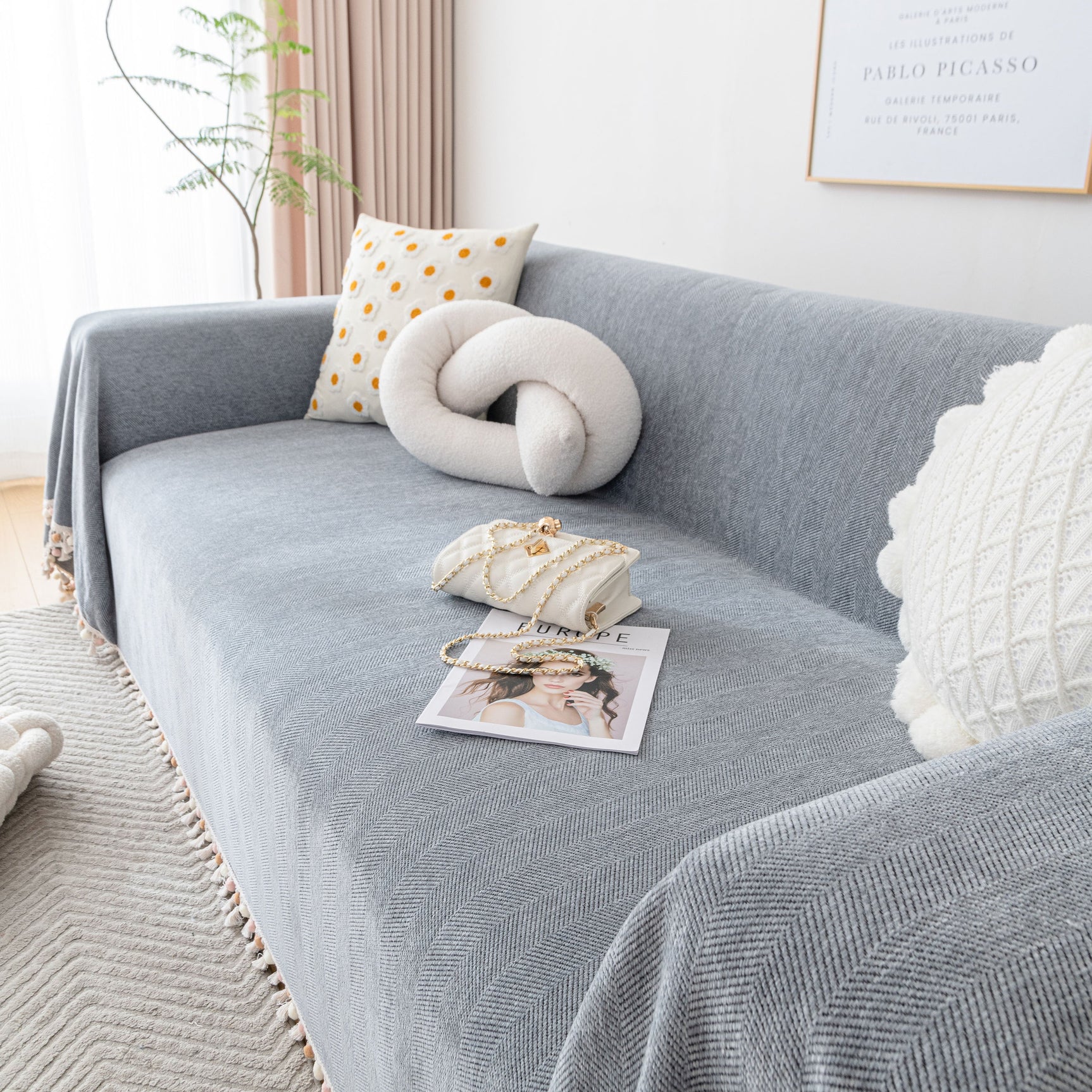 Boho Herringbone Sofa Throw Blanket with Pom Pom Tassels Stylish Furniture Slipcover - Ornate Home