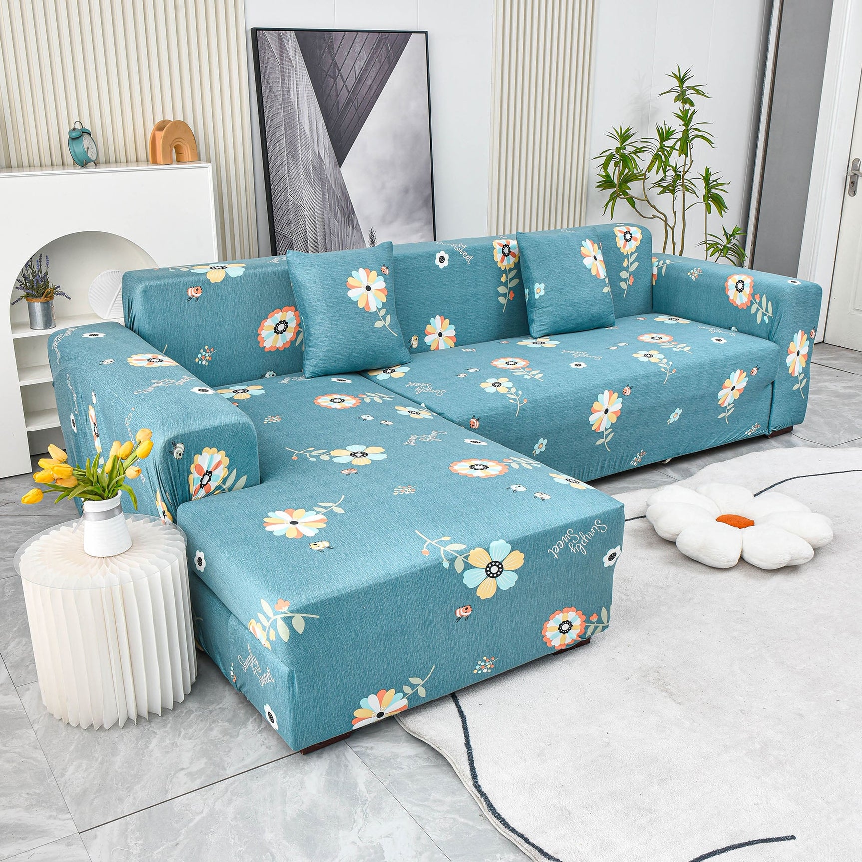 Boho Printed Sofa Slipcover, Stretch Furniture Protector for Sectional L-Shaped Sofa - Ornate Home