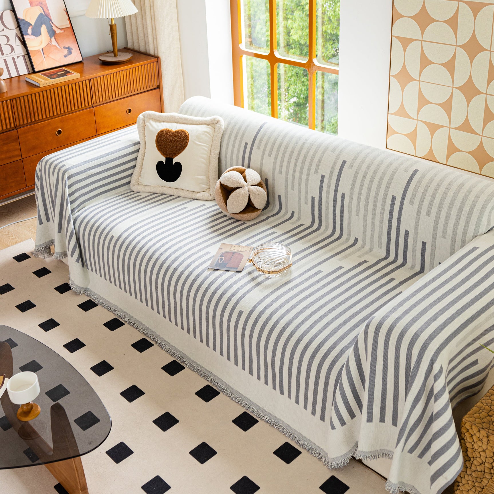 Boho Stripe Sectional Couch Cover Soft Chenille Sofa Slipcovers Blanket on The Sofa for Living Room - Ornate Home