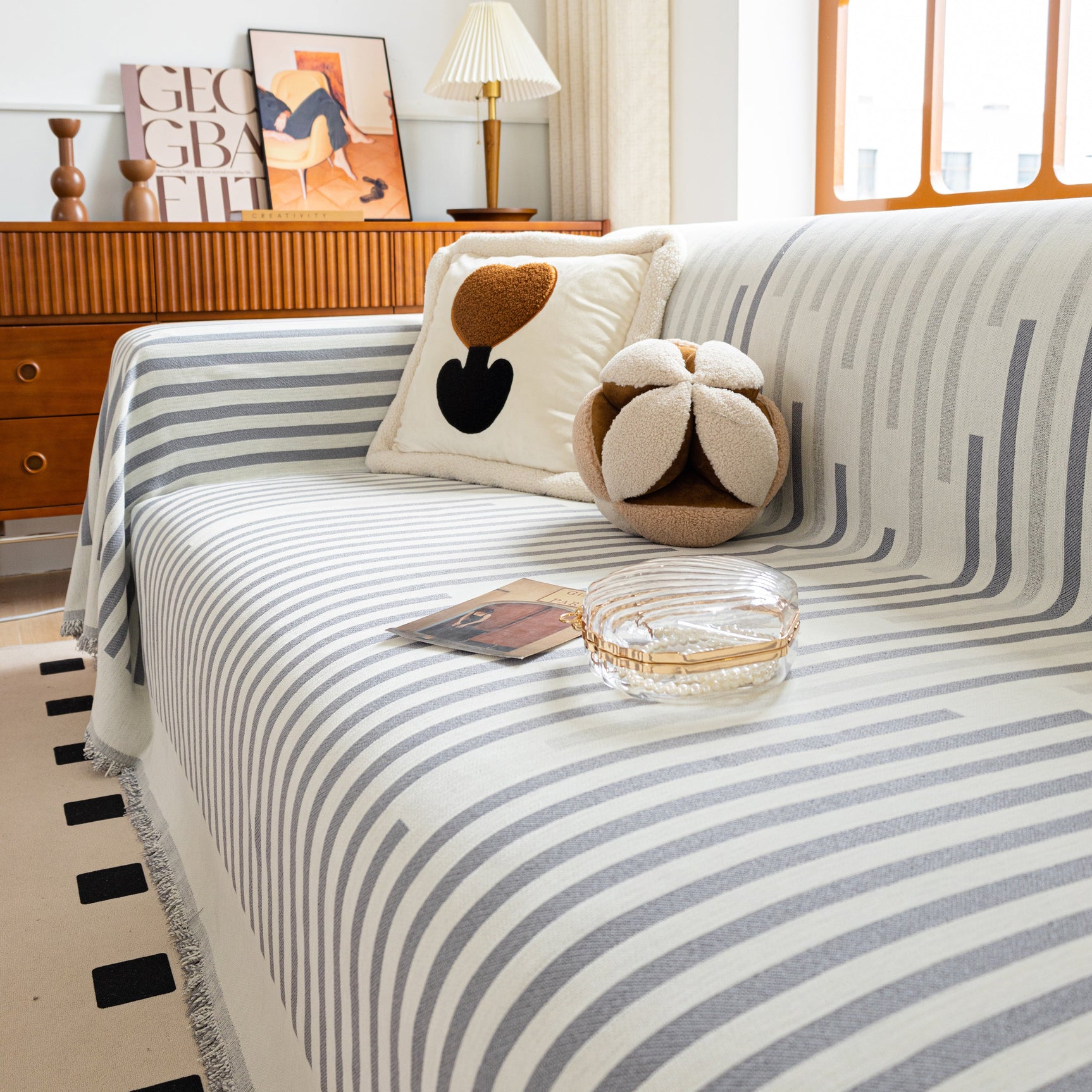 Boho Stripe Sectional Couch Cover Soft Chenille Sofa Slipcovers Blanket on The Sofa for Living Room - Ornate Home