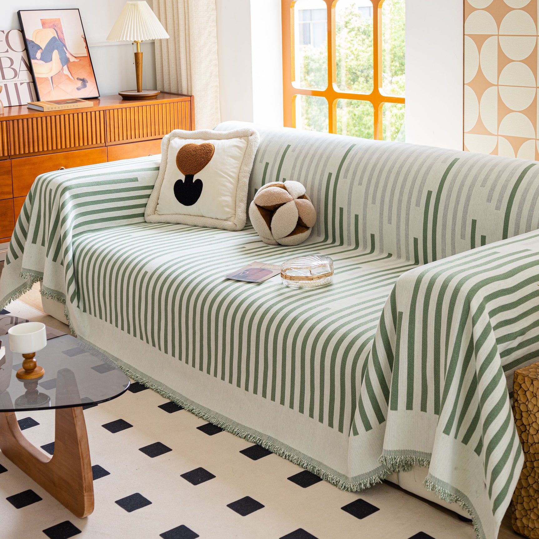 Boho Stripe Sectional Couch Cover Soft Chenille Sofa Slipcovers Blanket on The Sofa for Living Room - Ornate Home