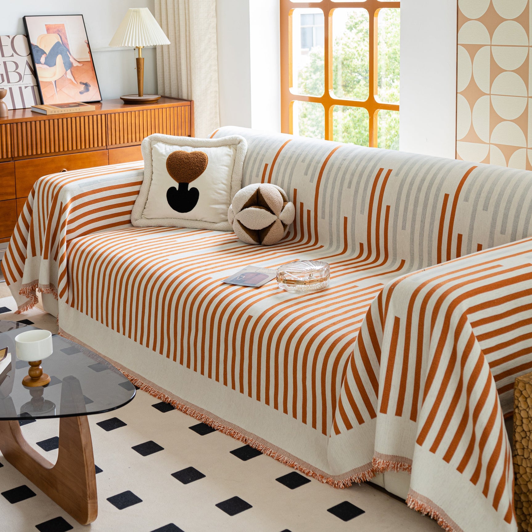 Boho Stripe Sectional Couch Cover Soft Chenille Sofa Slipcovers Blanket on The Sofa for Living Room - Ornate Home