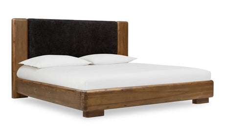 Boka Chenille Upholstered Acacia Wood California King Platform Bed in Black and Impala - Ornate Home