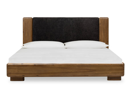 Boka Chenille Upholstered Acacia Wood Eastern King Platform Bed in Black and Impala - Ornate Home