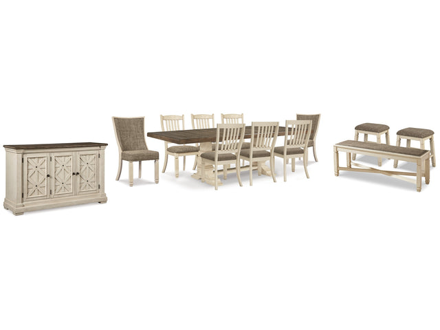 Bolanburg Antique White Dining Table with 8 Chairs and Bench with Server and 2 Stools - Ornate Home