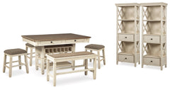 Bolanburg Two-tone Counter Height Dining Table, 4 Stools, Bench and 2 Display Cabinets - Ornate Home