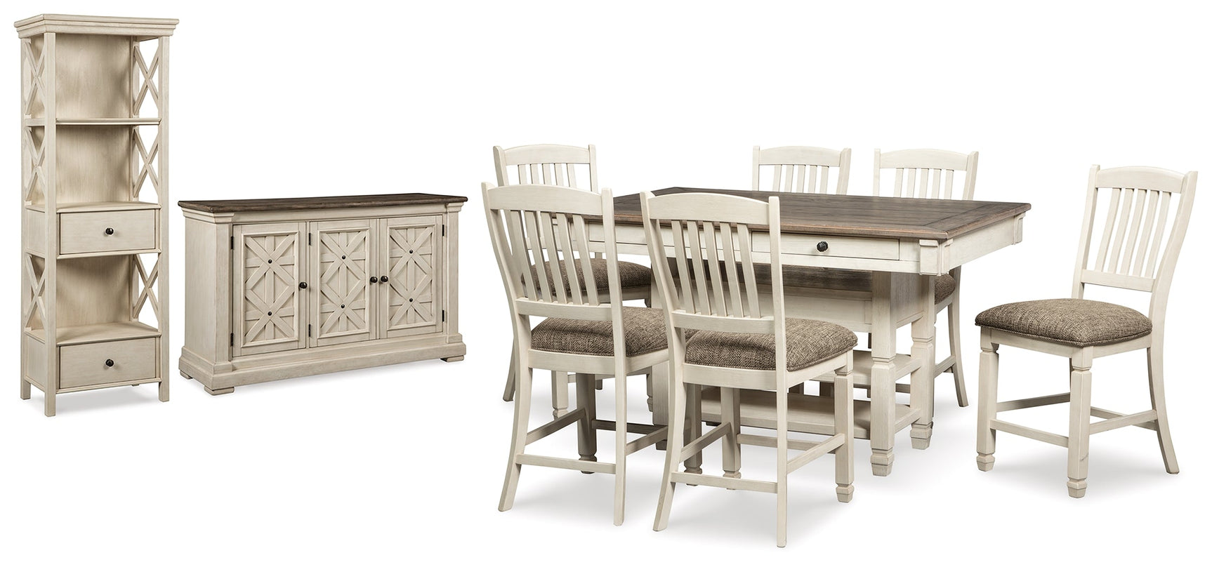 Bolanburg Two-tone Counter Height Table with 6 Barstools, Server and Display Cabinet - Ornate Home