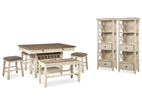 Bolanburg White Counter Height Dining Table, 4 Stools, Bench and 2 Display Cabinets - Ornate Home