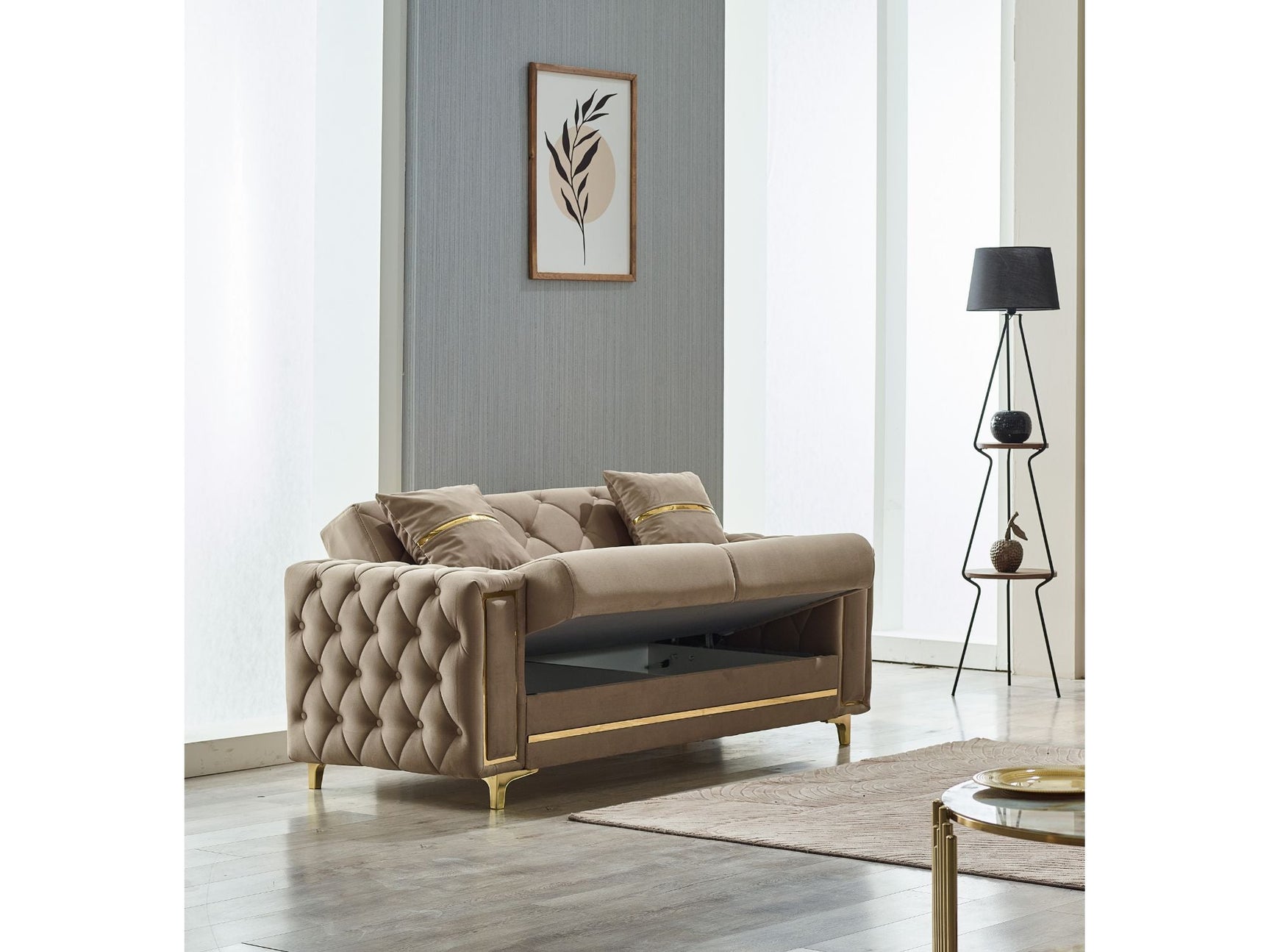 Bolivya Beige Convertible Loveseat With Gold Legs