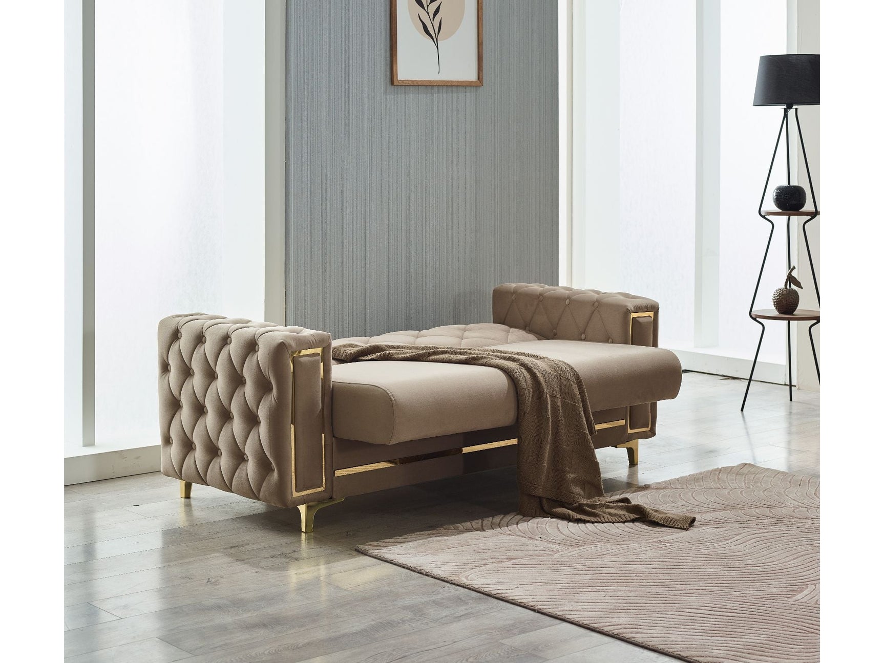 Bolivya Beige Convertible Loveseat With Gold Legs