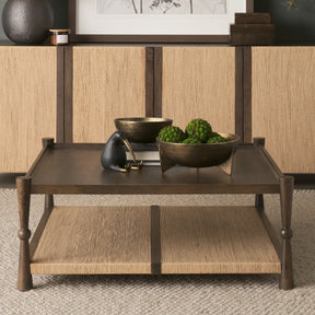 Bondi Dark Brown 42" Wood with Paper Rope Shelf Square Coffee Table - Ornate Home
