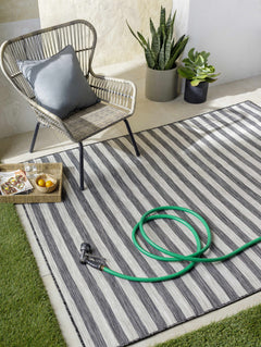 Bongaree Black&Gray Striped Flatweave Outdoor Carpet - Clearance - Ornate Home