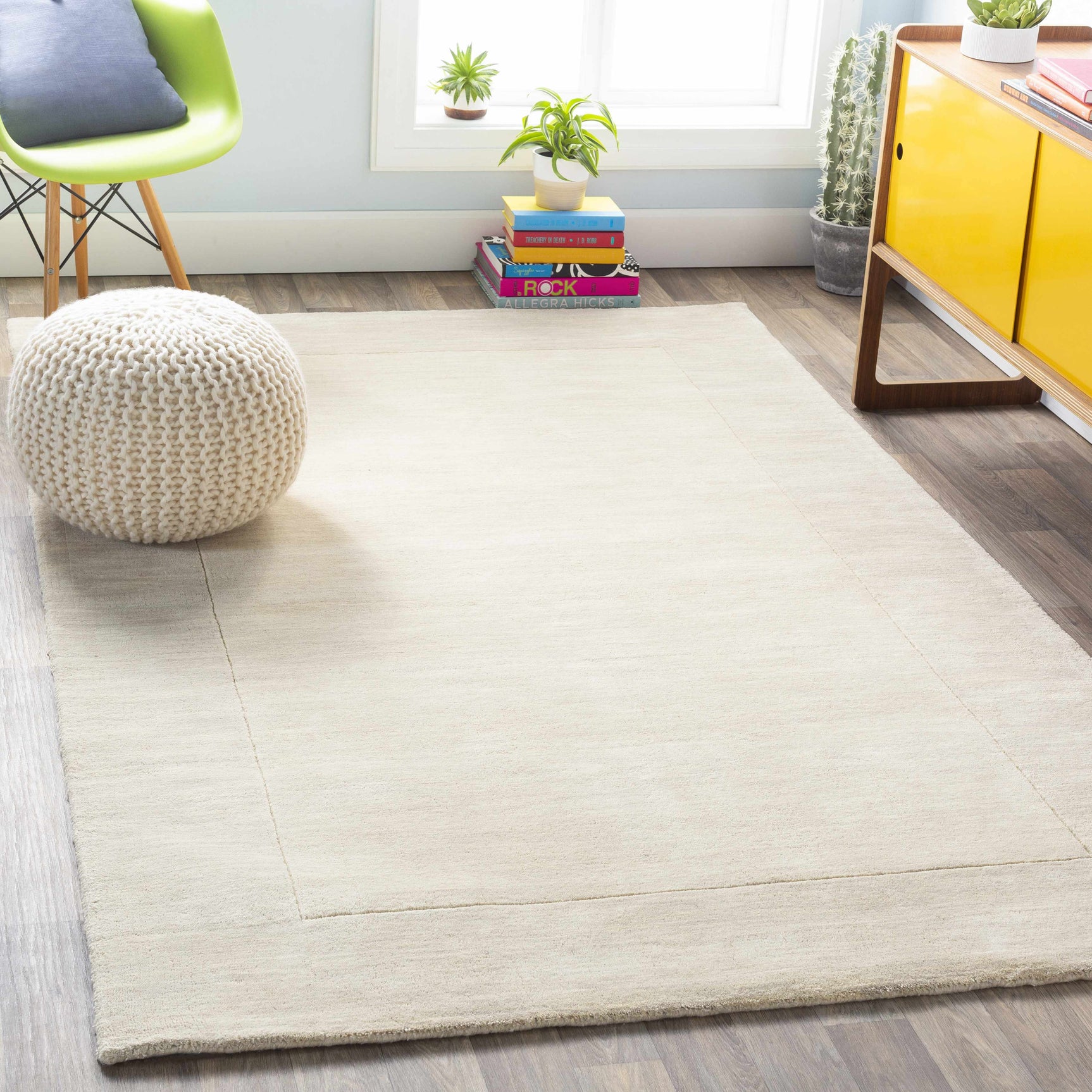 Bordered Solid Beige Cream Wool Rug - Ornate Home