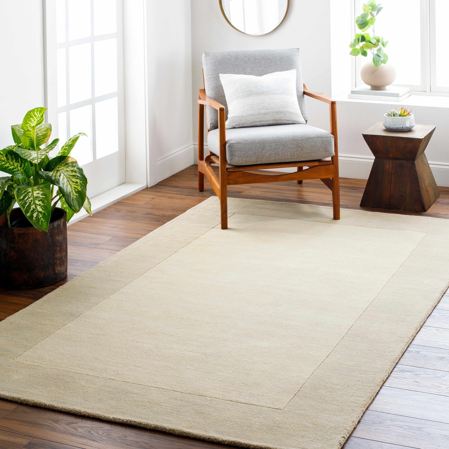 Bordered Solid Beige Cream Wool Rug - Ornate Home