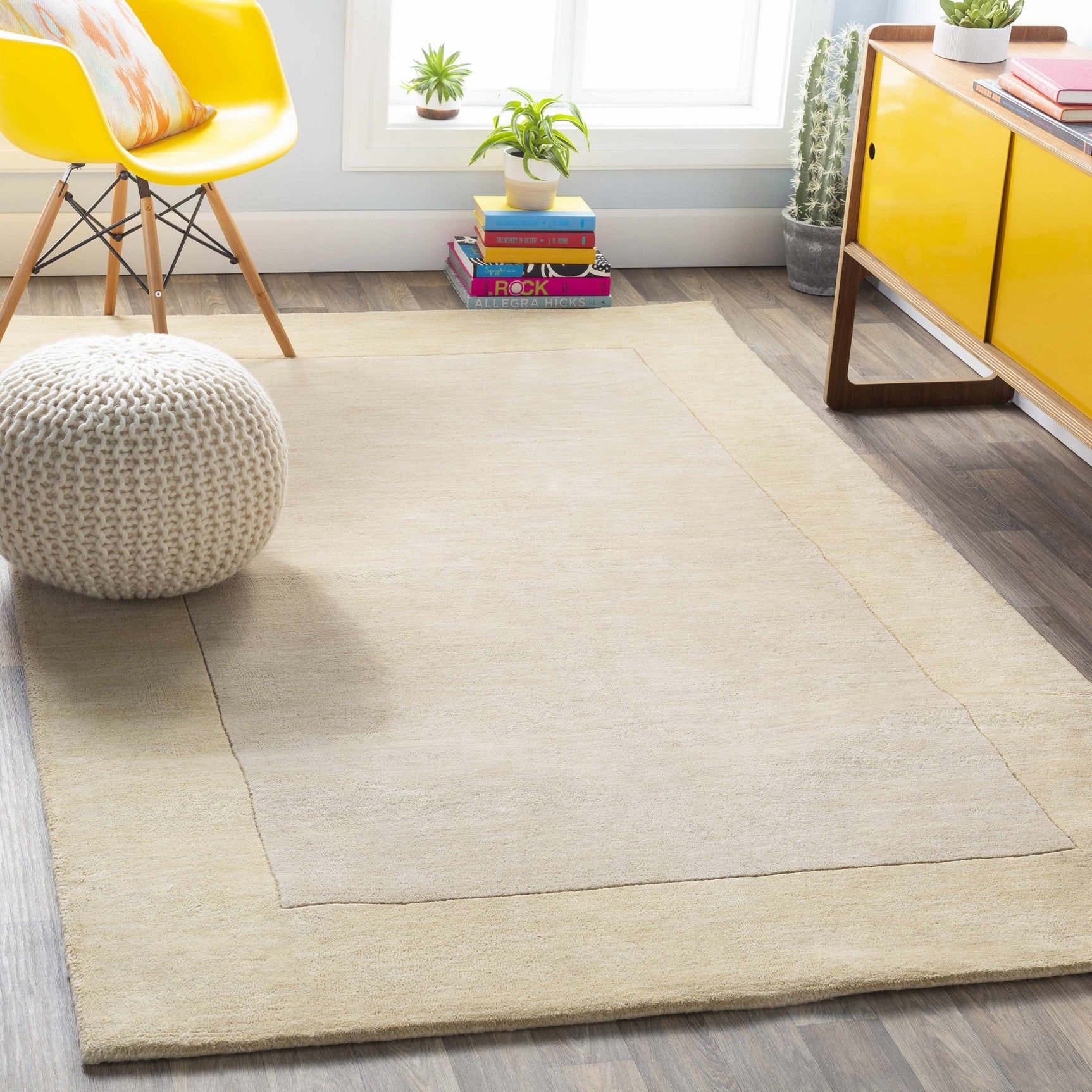 Bordered Solid Beige Wool Rug - Ornate Home