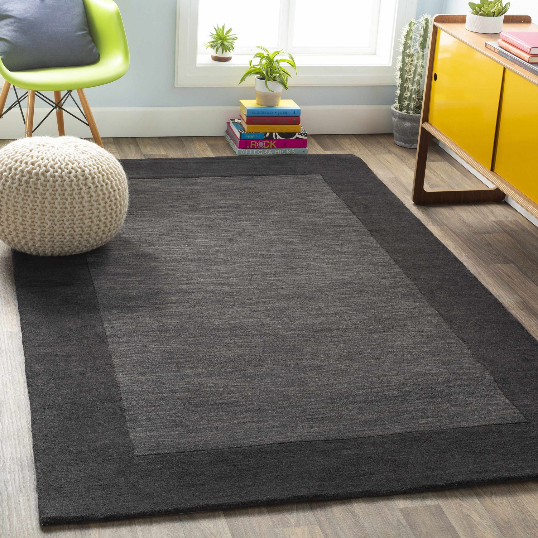 Bordered Solid Black Charcoal Wool Rug - Ornate Home
