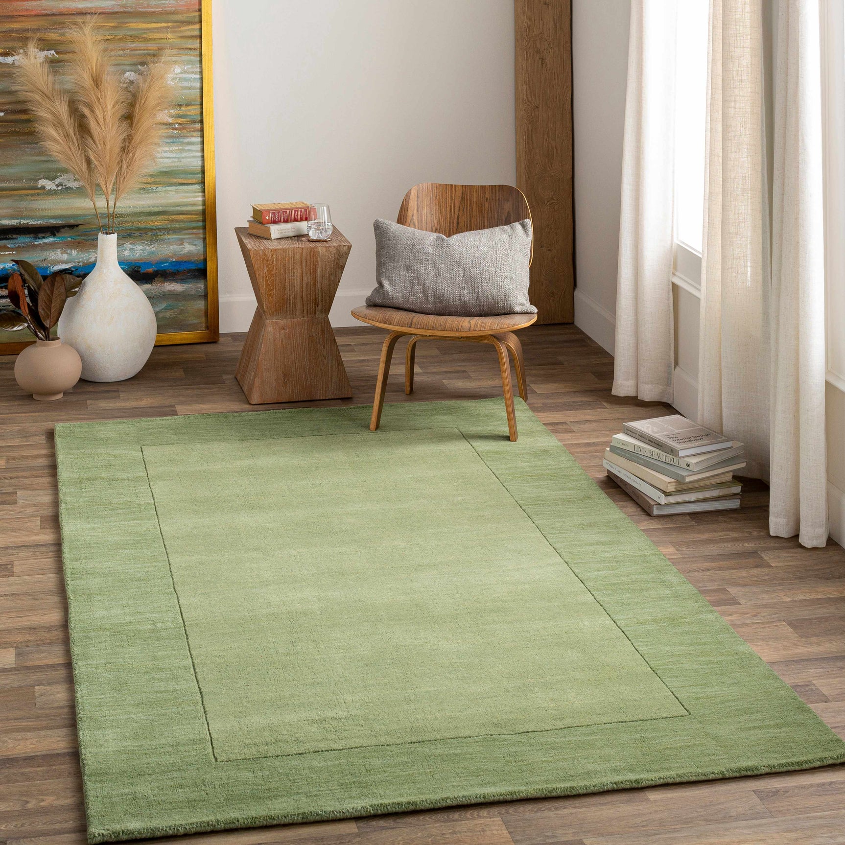 Bordered Solid Green Wool Rug - Ornate Home