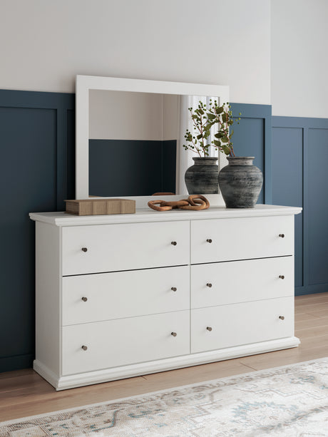 Bostwick Shoals White Queen Panel Bed with Mirrored Dresser, Chest and 2 Nightstands - Ornate Home