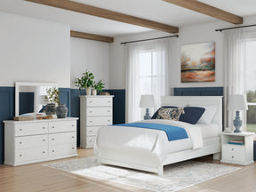 Bostwick Shoals White Queen Panel Bed with Mirrored Dresser, Chest and 2 Nightstands - Ornate Home