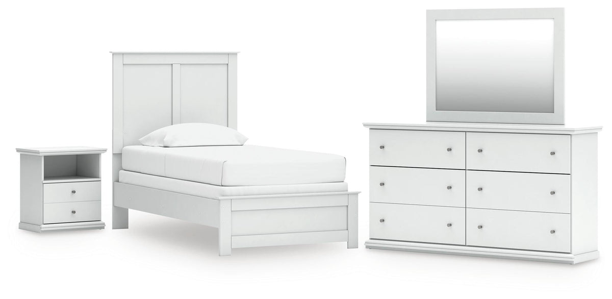 Bostwick Shoals White Twin Panel Bed, Dresser, Mirror and Nightstand - Ornate Home