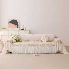 Botanical Sofa Cover with Chiffon Skirt, Floral Couch Throw Blanket for All-Season - Ornate Home