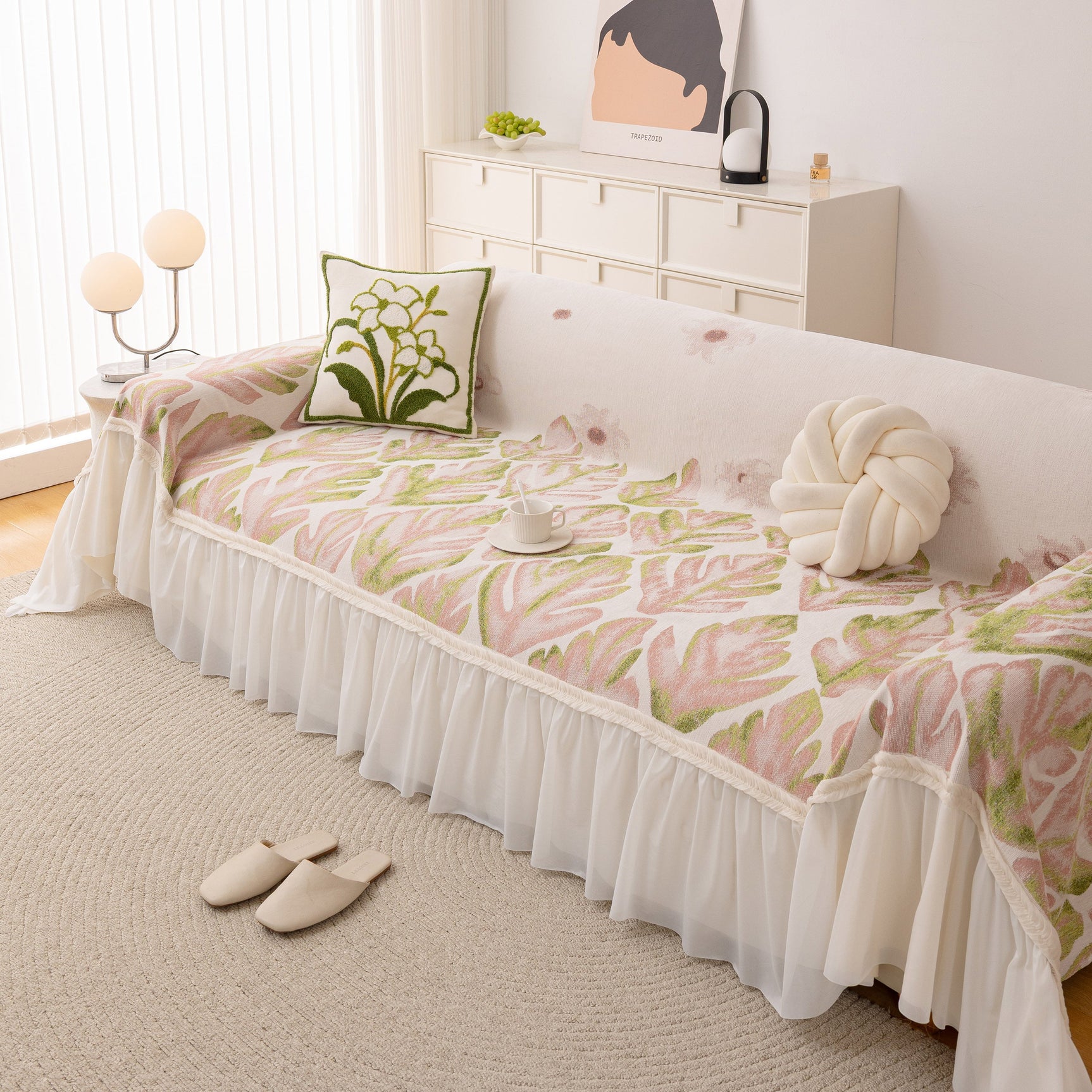 Botanical Sofa Cover with Chiffon Skirt, Floral Couch Throw Blanket for All-Season - Ornate Home