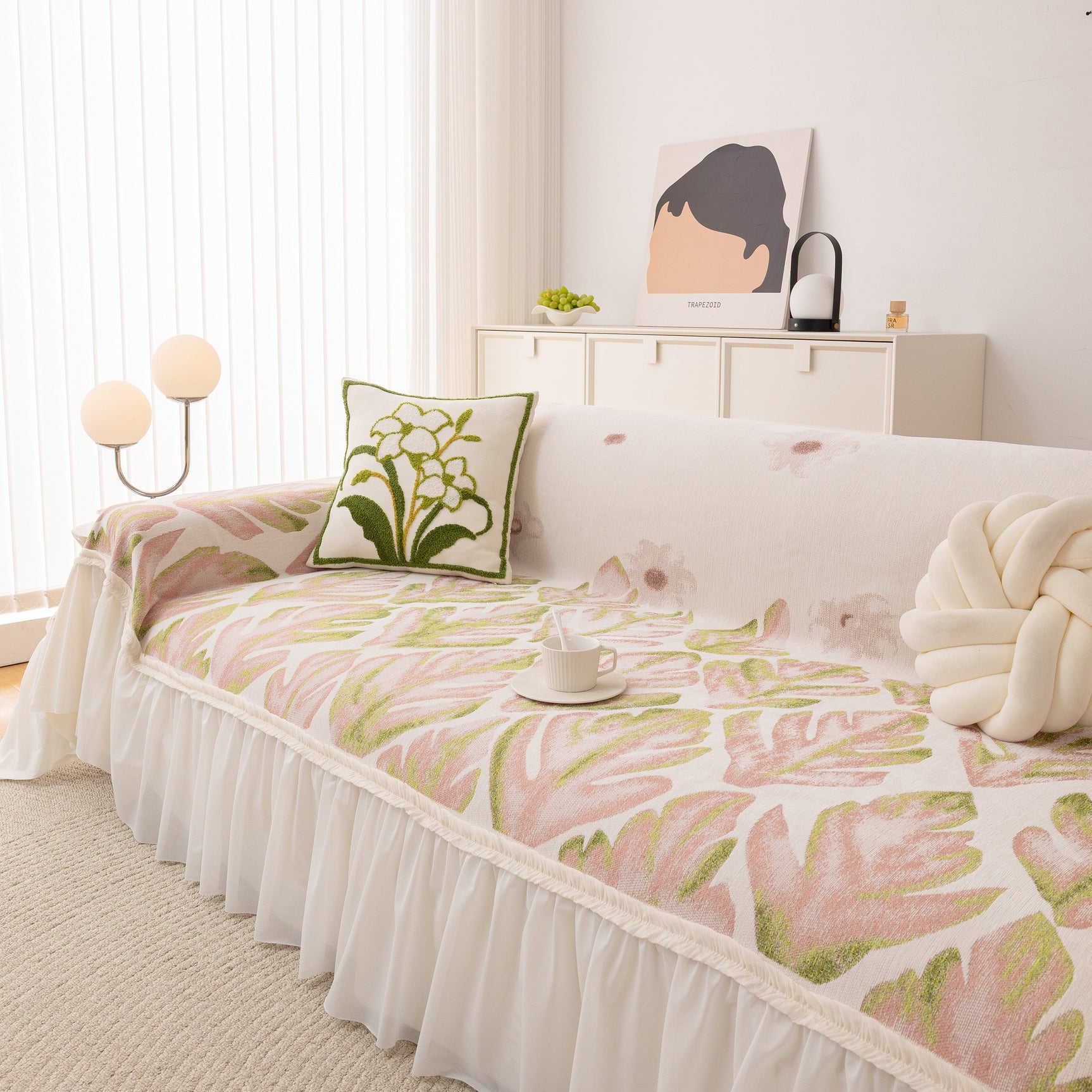 Botanical Sofa Cover with Chiffon Skirt, Floral Couch Throw Blanket for All-Season - Ornate Home