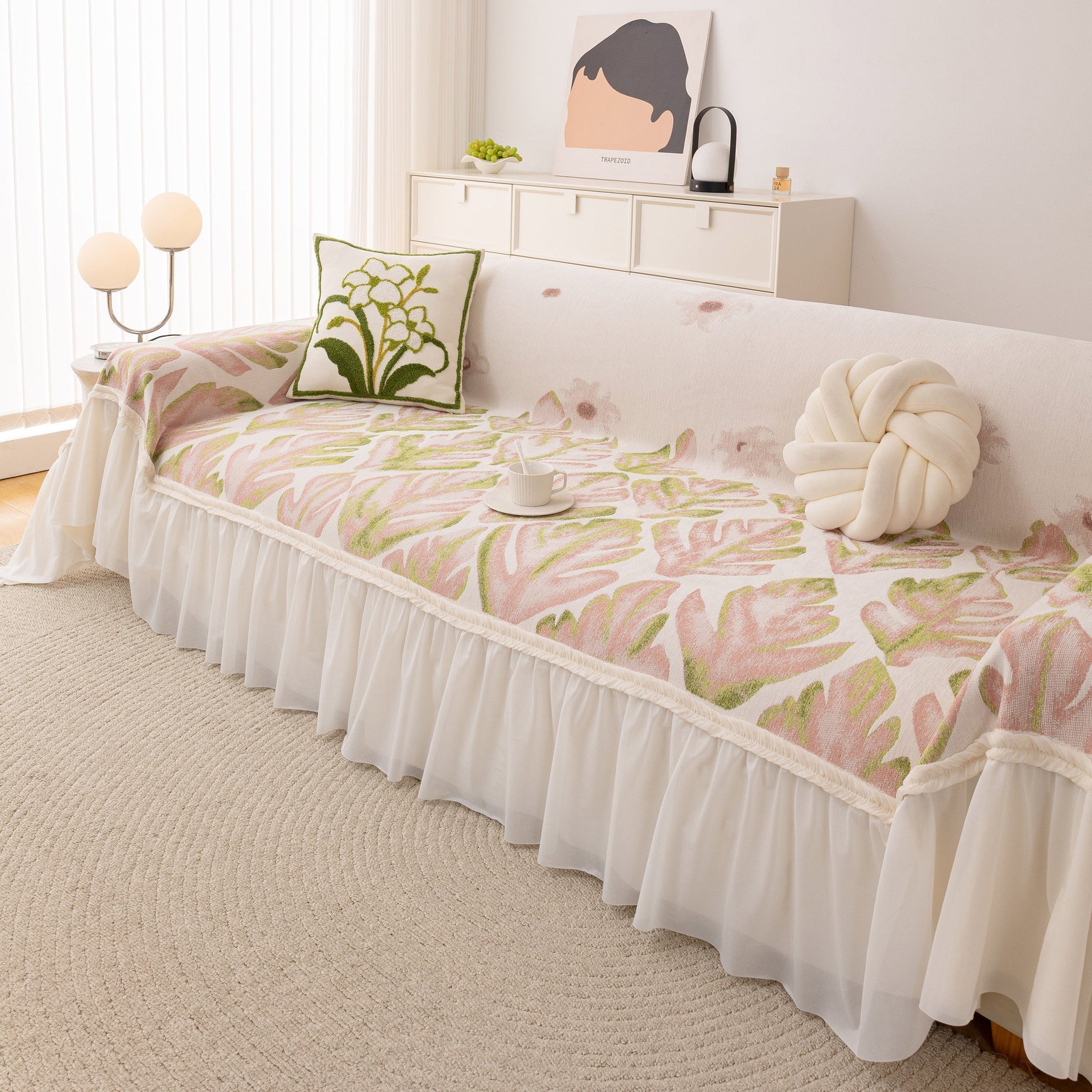 Botanical Sofa Cover with Chiffon Skirt, Floral Couch Throw Blanket for All-Season - Ornate Home