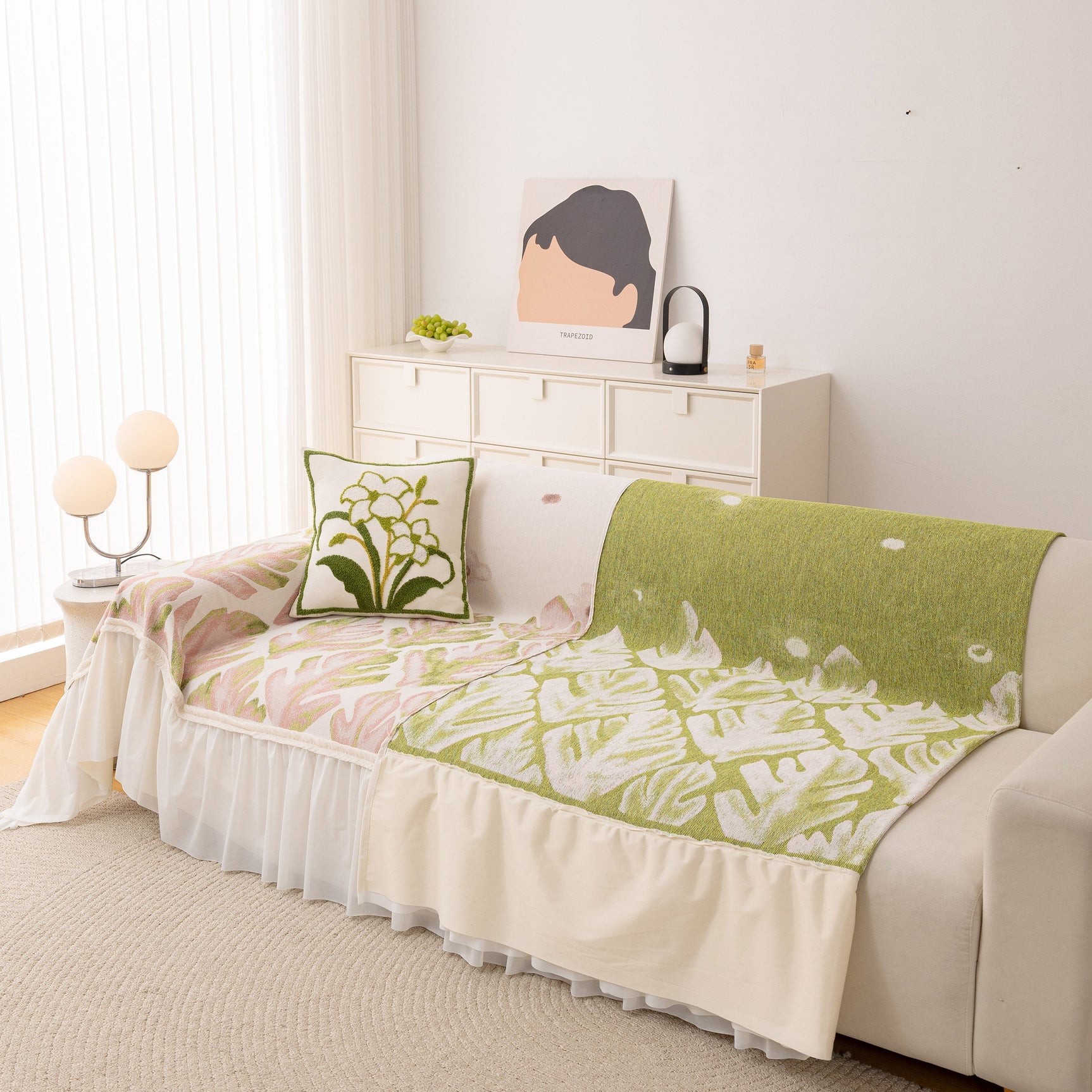 Botanical Sofa Cover with Chiffon Skirt, Floral Couch Throw Blanket for All-Season - Ornate Home