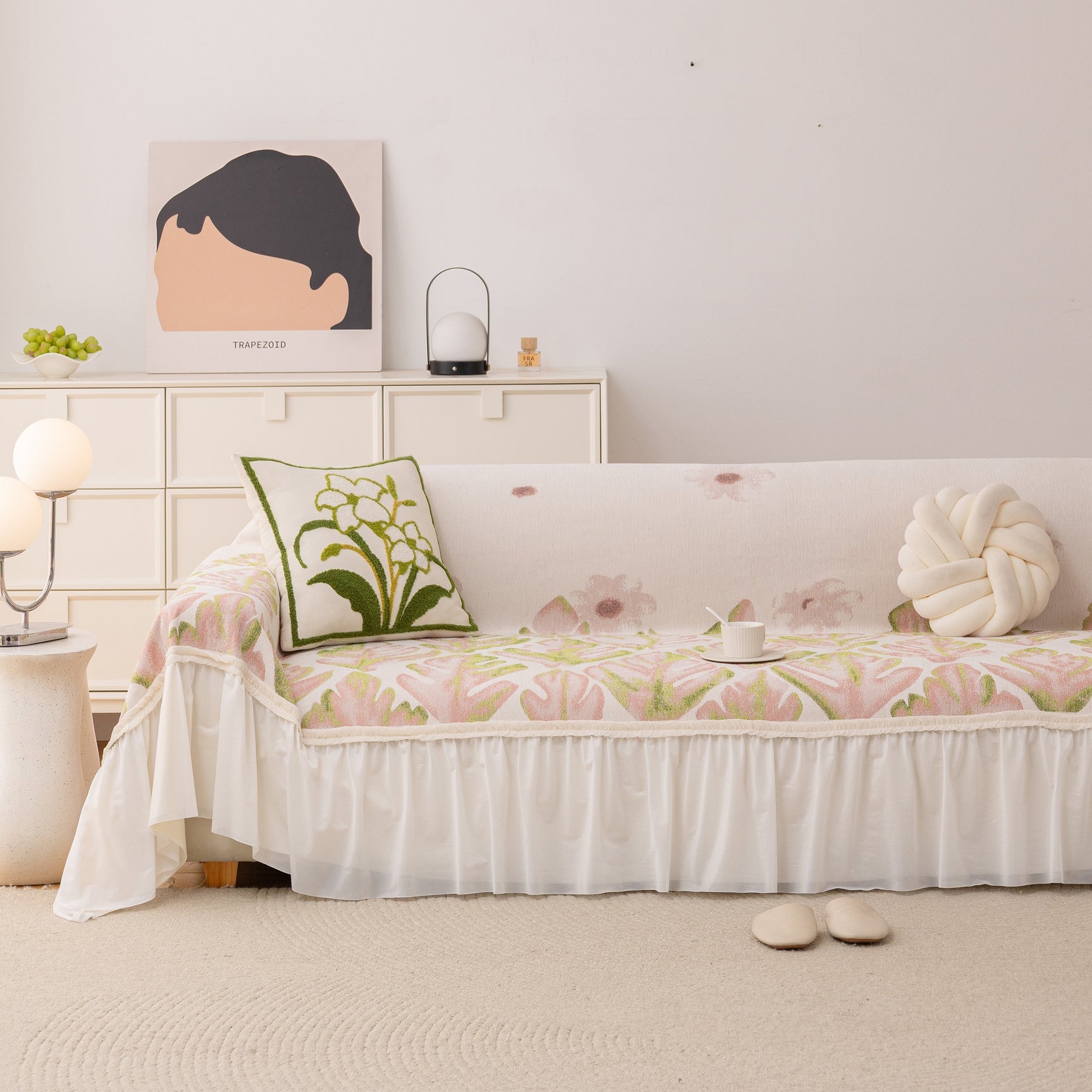 Botanical Sofa Cover with Chiffon Skirt, Floral Couch Throw Blanket for All-Season - Ornate Home