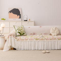 Botanical Sofa Cover with Chiffon Skirt, Floral Couch Throw Blanket for All-Season - Ornate Home