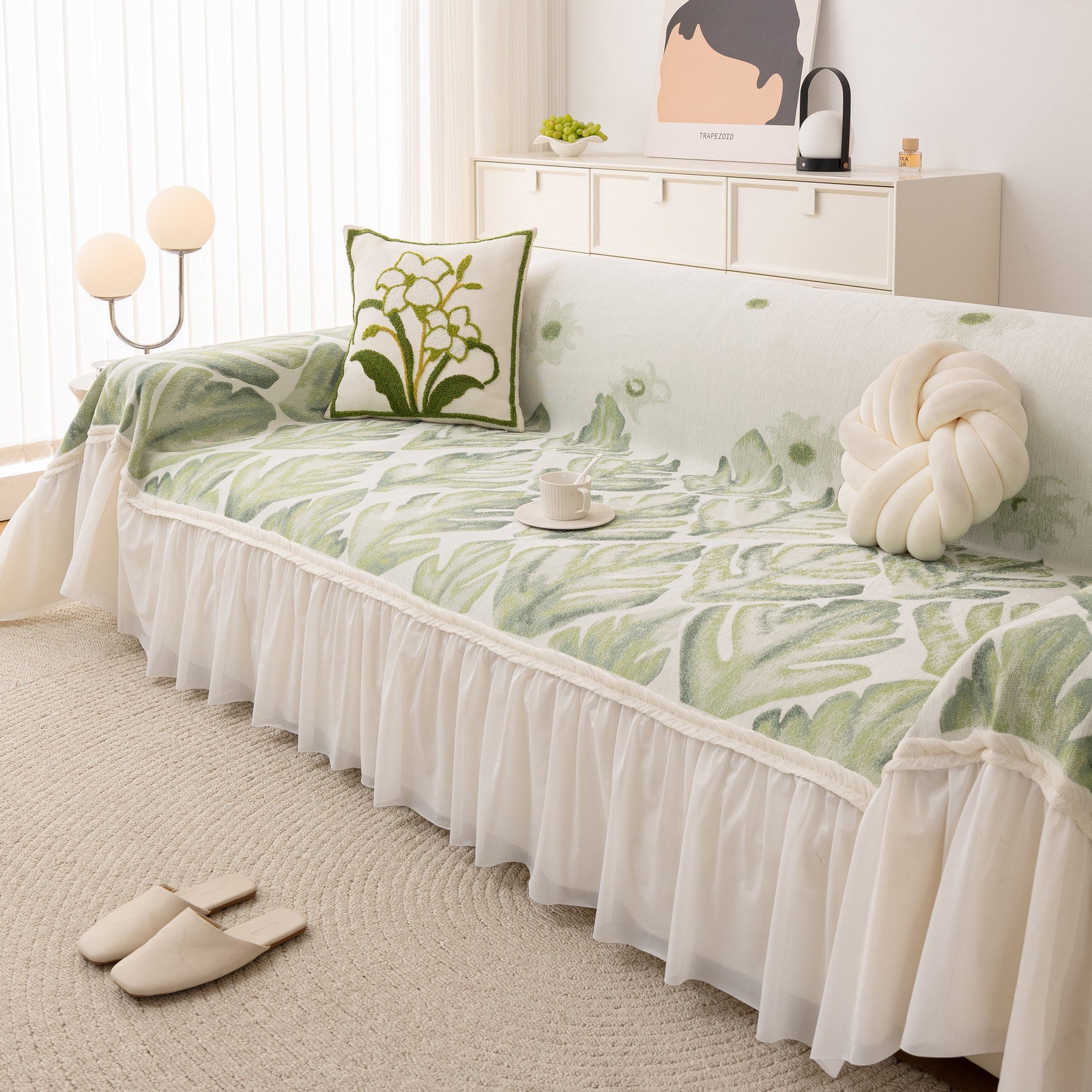 Botanical Sofa Cover with Chiffon Skirt, Floral Couch Throw Blanket for All-Season - Ornate Home