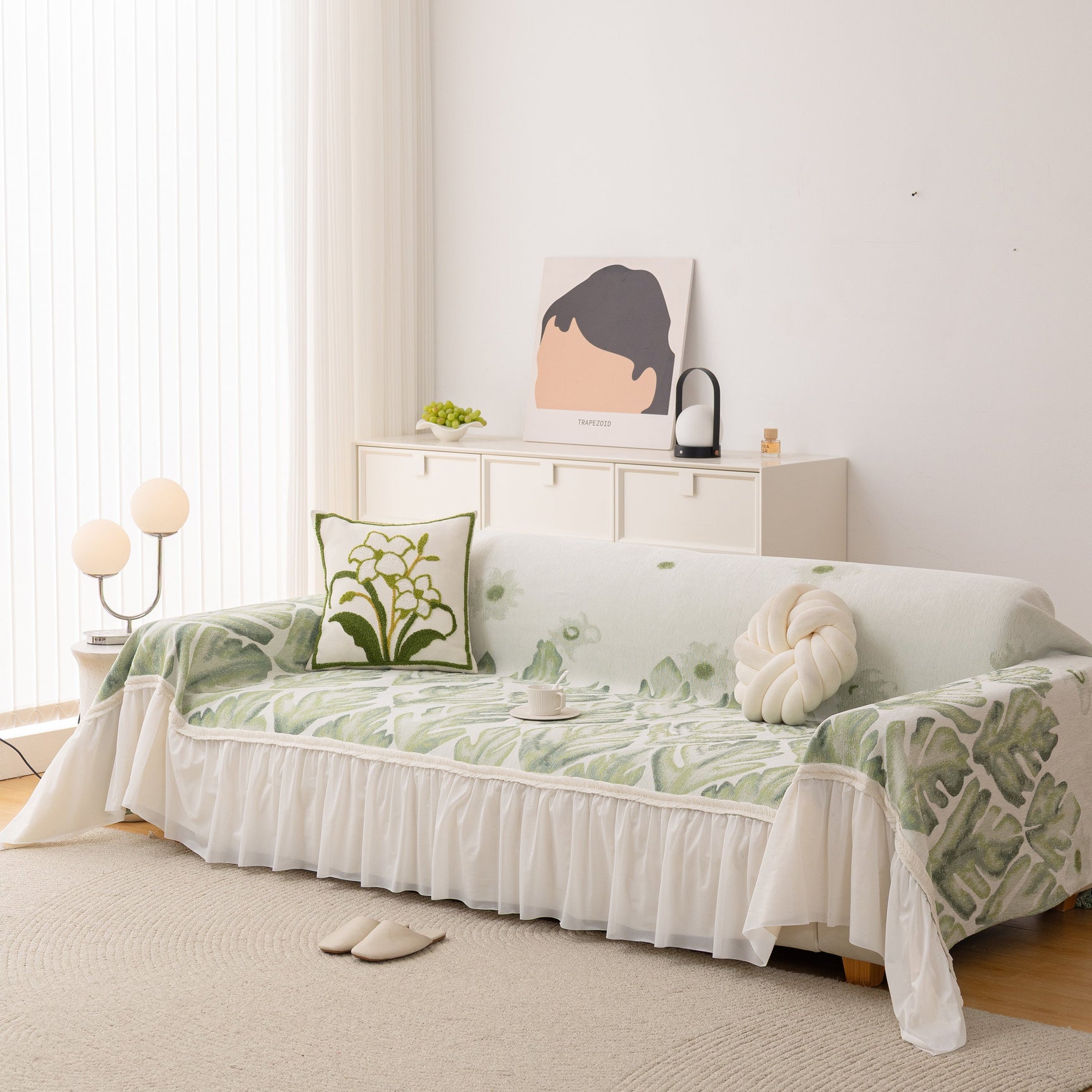 Botanical Sofa Cover with Chiffon Skirt, Floral Couch Throw Blanket for All-Season - Ornate Home