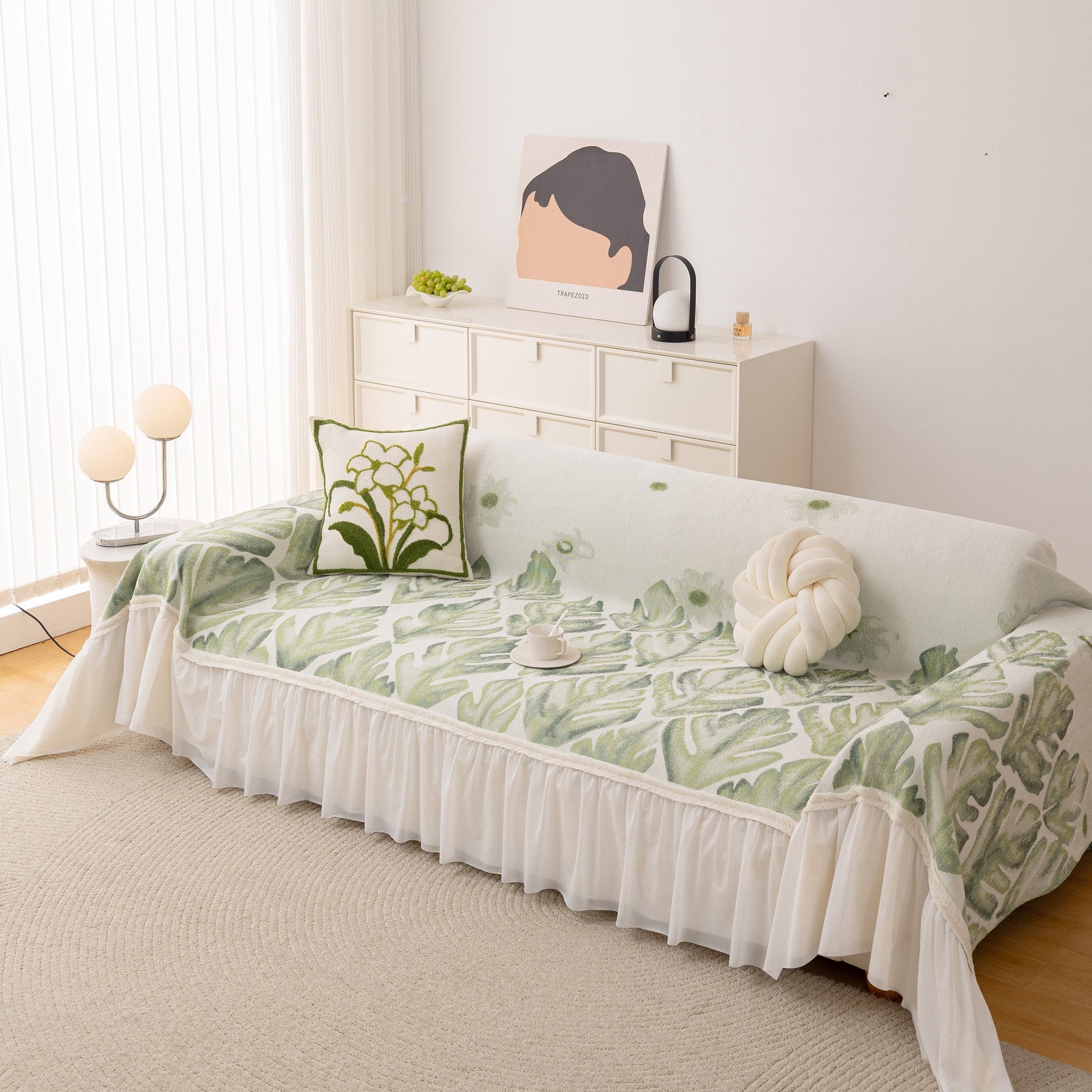 Botanical Sofa Cover with Chiffon Skirt, Floral Couch Throw Blanket for All-Season - Ornate Home