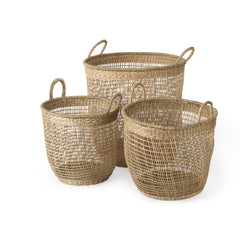 Bowie Medium Brown Seagrass Round Basket with Handles (Set of 3) - Ornate Home
