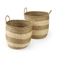 Bradley Light Brown with Striped Seagrass Basket with Handles (Set of 2) - Ornate Home