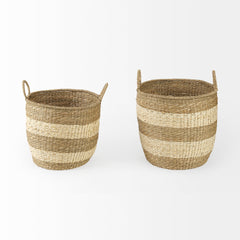 Bradley Light Brown with Striped Seagrass Basket with Handles (Set of 2) - Ornate Home