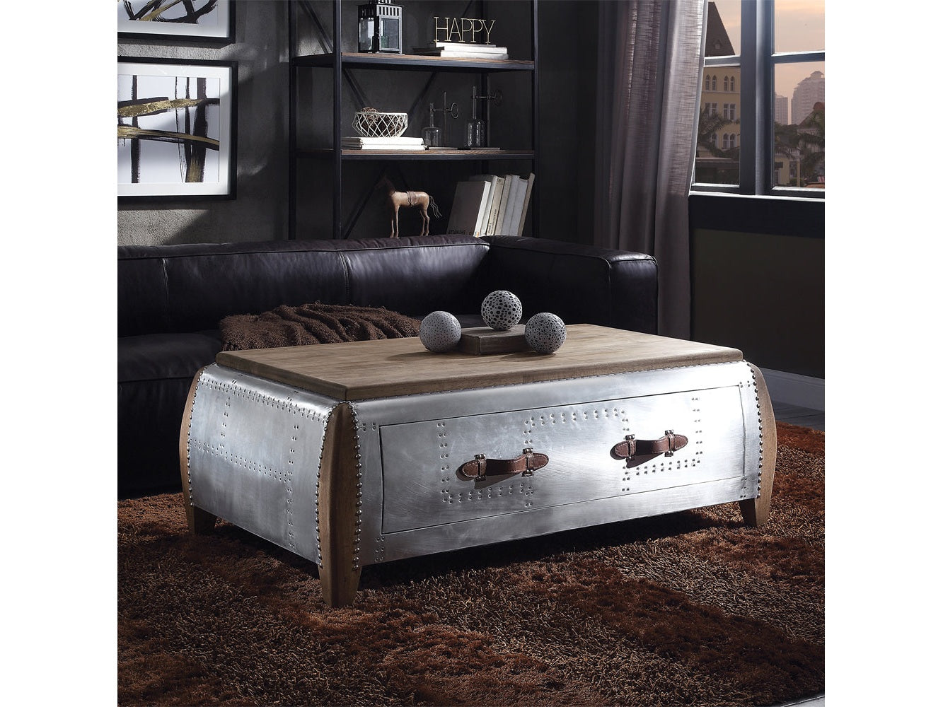 Brancaster Antique Oak & Aluminum Coffee Table - Ornate Home