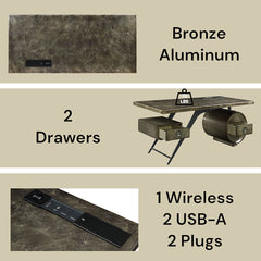 Brancaster Bronze Aluminum Executive Writing Desk W/Usb - Ornate Home
