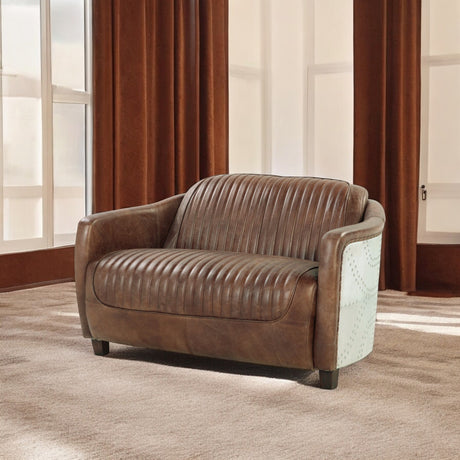 Brancaster Brown  Leather & Aluminium Loveseat - Ornate Home