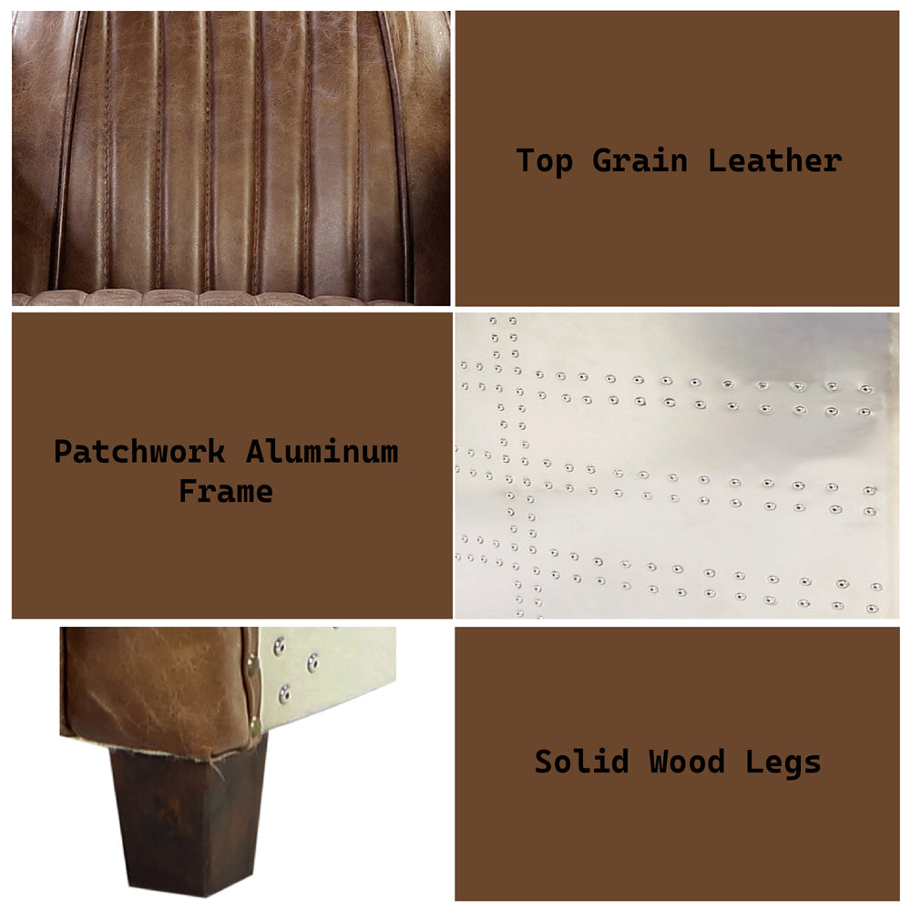 Brancaster Brown  Leather & Aluminium Loveseat - Ornate Home